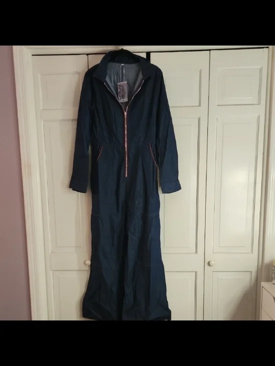 Dark Blue Denim Long-Sleeve Jumpsuit with Front Zip - Picture 3 of 3